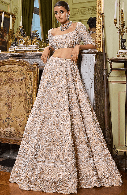 Nude Raw Silk Pearl Embroidered Lehenga Set - Image 2