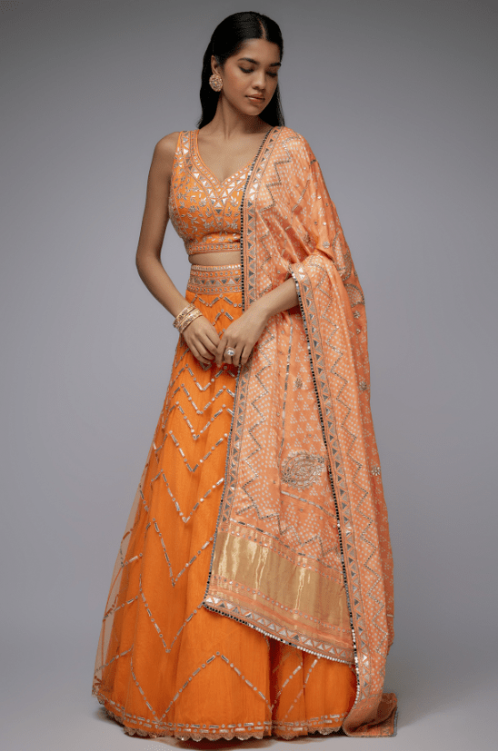 Orange Net & Silk Crushed Overlay Lehenga Set