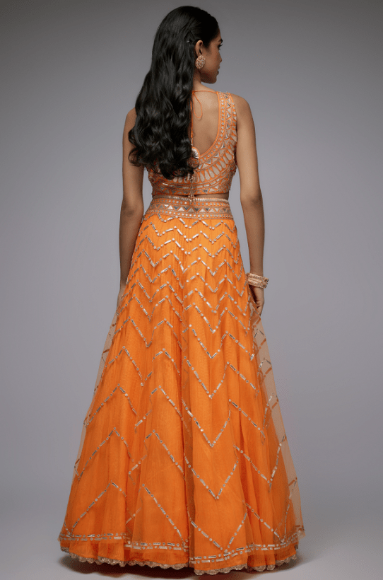 Orange Net & Silk Crushed Overlay Lehenga Set - Image 2