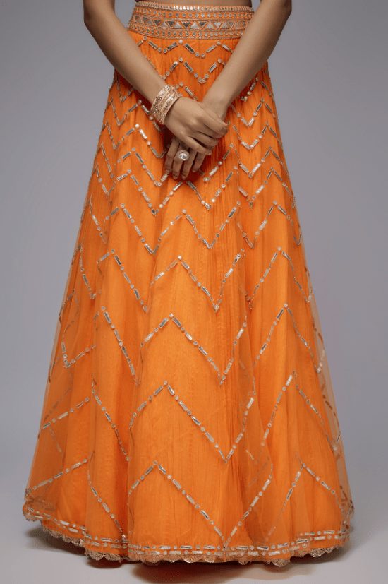 Orange Net & Silk Crushed Overlay Lehenga Set - Image 3