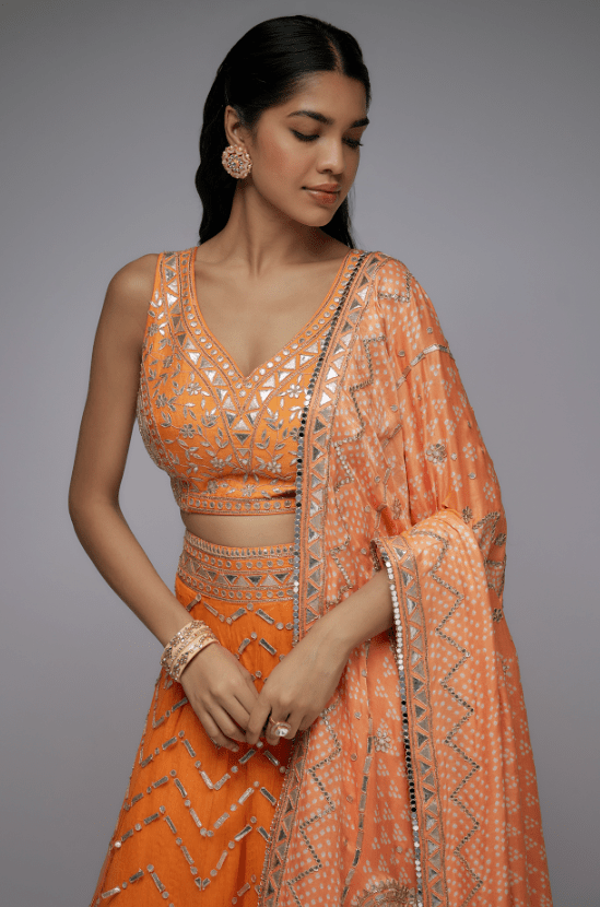 Orange Net & Silk Crushed Overlay Lehenga Set - Image 4