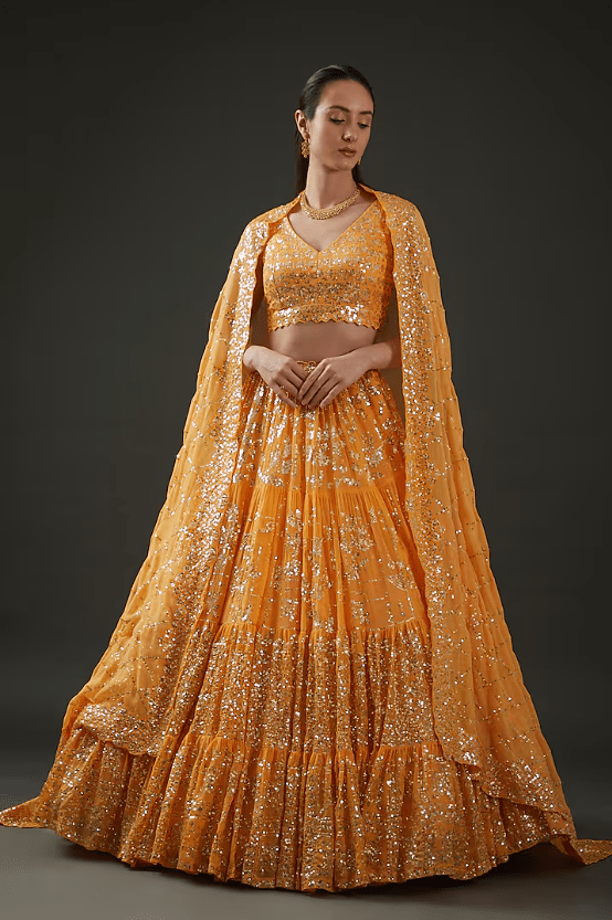 Orange Georgette Sequins Embroidered Lehenga Set