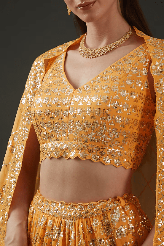 Orange Georgette Sequins Embroidered Lehenga Set - Image 4