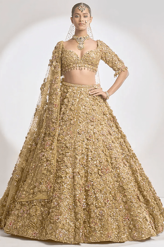Gold Raw Silk Zardosi Embroidered Lehenga Set