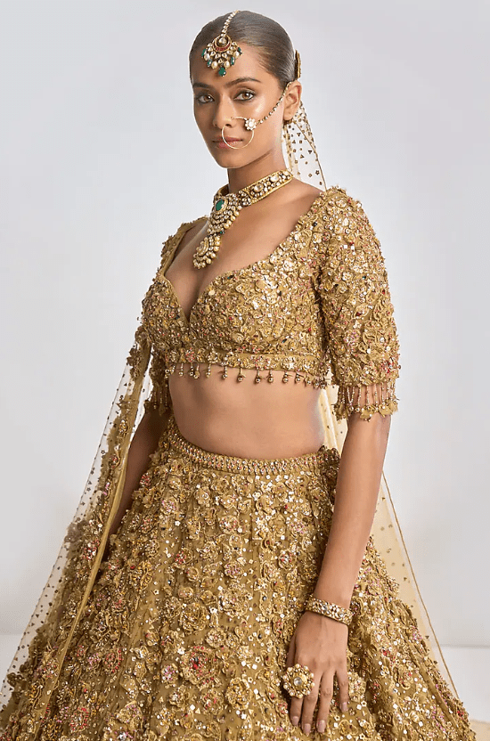 Gold Raw Silk Zardosi Embroidered Lehenga Set - Image 3