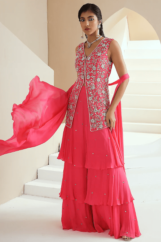 Hot Pink Crepe Layered Sharara Set