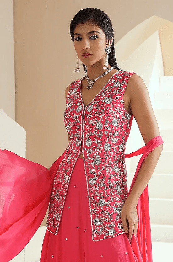Hot Pink Crepe Layered Sharara Set - Image 3