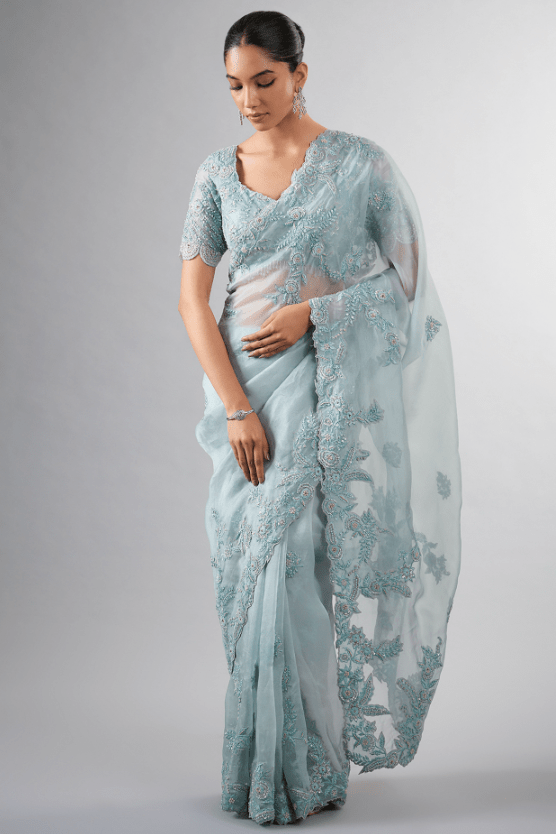 Blue Organza Resham & Cutdana Work Saree Set