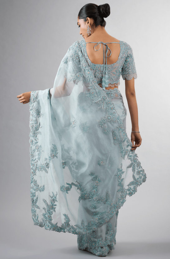 Blue Organza Resham & Cutdana Work Saree Set - Image 2
