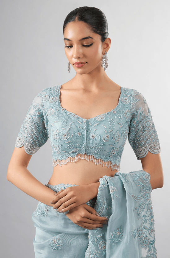 Blue Organza Resham & Cutdana Work Saree Set - Image 3