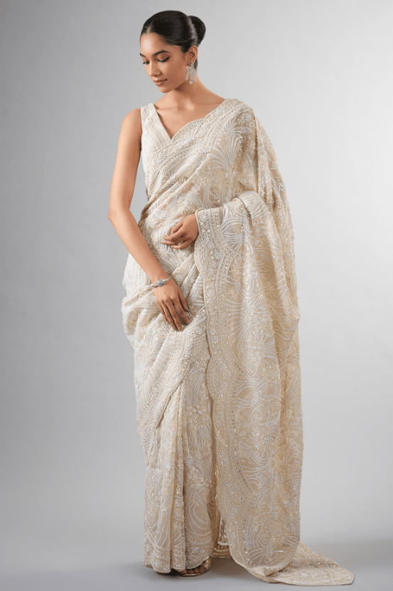 Ivory Organza Pearl & Thread Work Saree Set