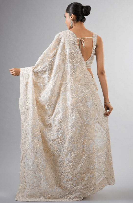 Ivory Organza Pearl & Thread Work Saree Set - Image 2