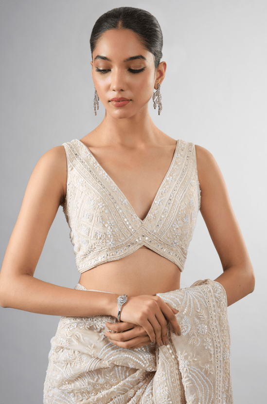 Ivory Organza Pearl & Thread Work Saree Set - Image 3