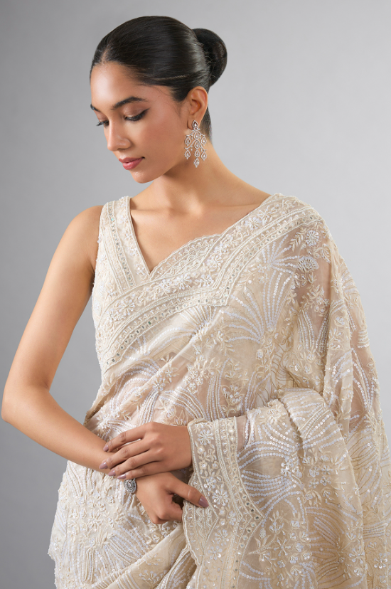 Ivory Organza Pearl & Thread Work Saree Set - Image 4