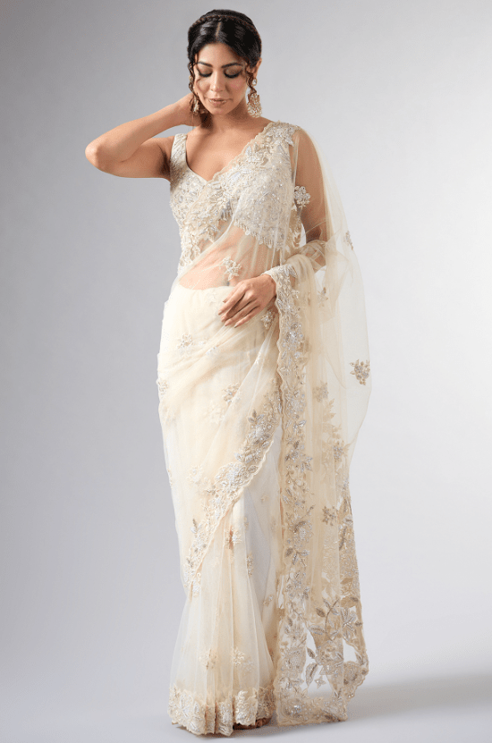 Ivory Net Cutdana Work Saree Set