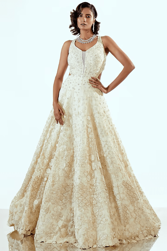 Ivory Net Floral & Pearl Hand Embroidered Draped Gown