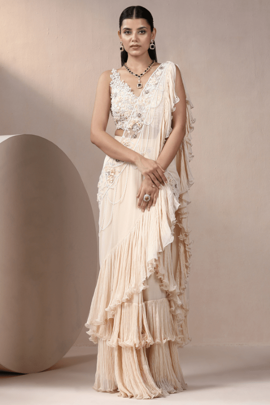 Ivory Net & Georgette Sequins Embellished Lehenga Saree Set