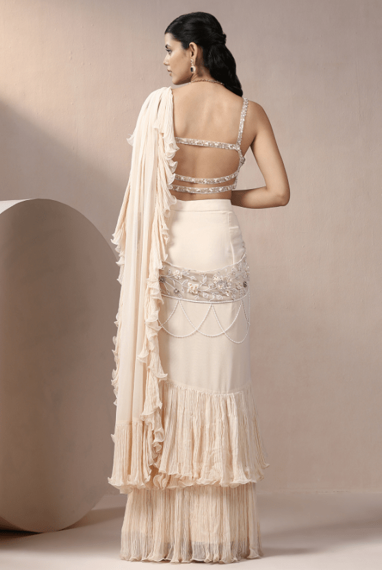 Ivory Net & Georgette Sequins Embellished Lehenga Saree Set - Image 2