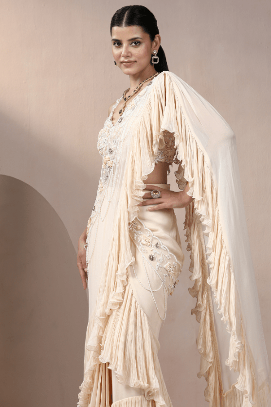 Ivory Net & Georgette Sequins Embellished Lehenga Saree Set - Image 3