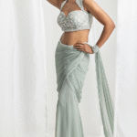 Sage Green Georgette Embellished Pre-Draped Saree Set