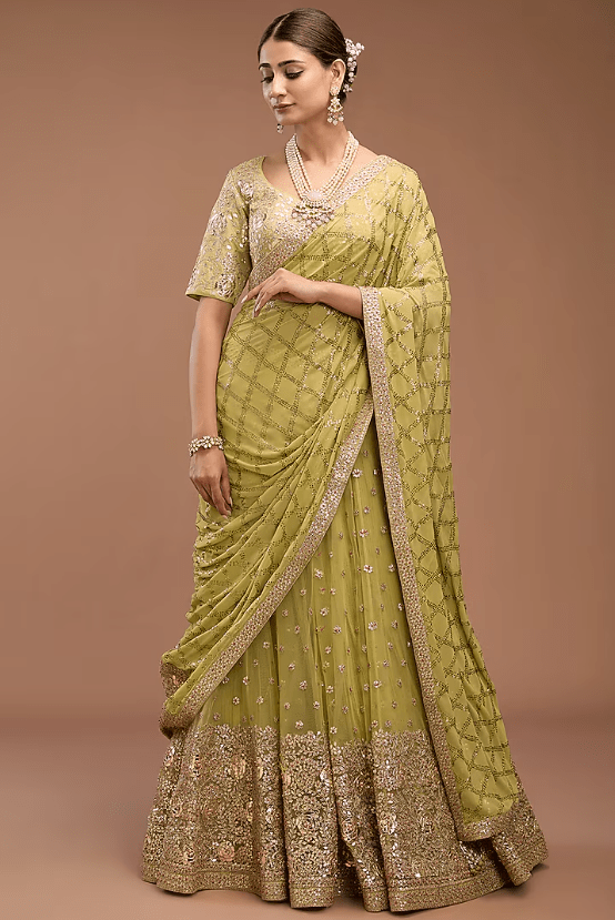 Green Crushed Net Lehenga Saree Set
