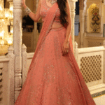 Peach Satin Organza Hand Embroidered Lehenga Set