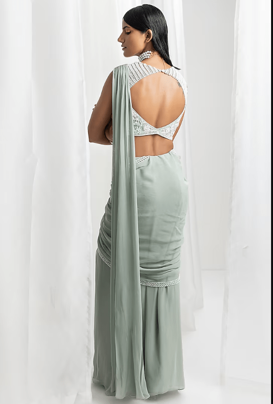 Sage Green Georgette Embellished Pre-Draped Saree Set - Image 2