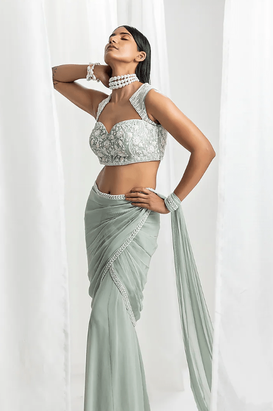 Sage Green Georgette Embellished Pre-Draped Saree Set - Image 3