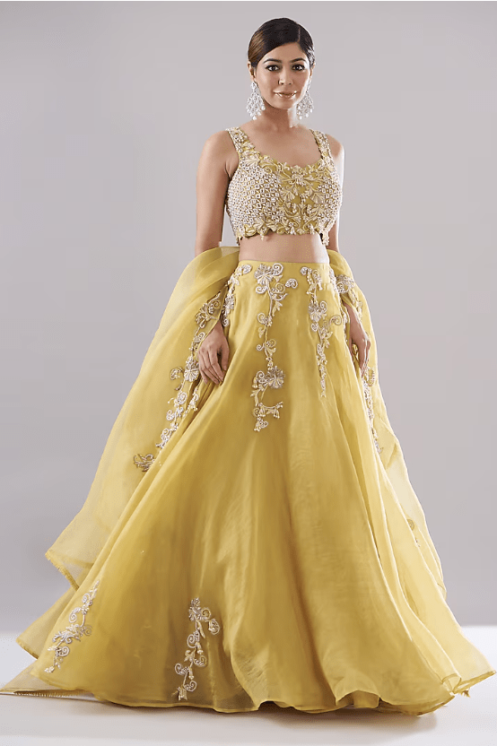Mustard Organza Embroidered Lehenga Set