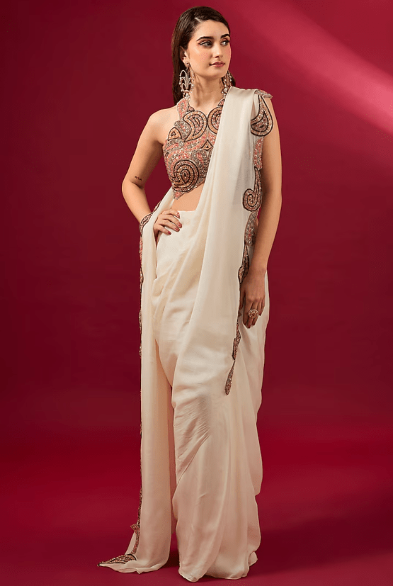 Ivory Organza & Flat Chiffon Saree Set