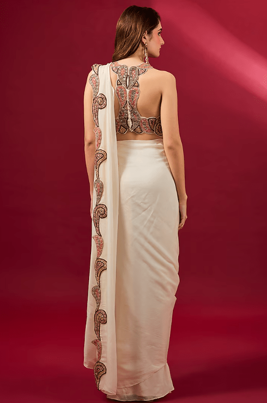 Ivory Organza & Flat Chiffon Saree Set - Image 2