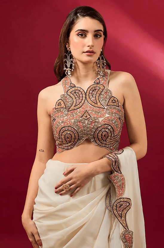 Ivory Organza & Flat Chiffon Saree Set - Image 3