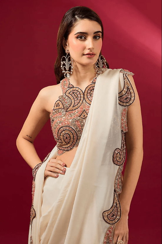 Ivory Organza & Flat Chiffon Saree Set - Image 4