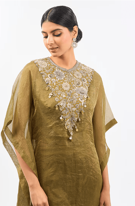 Green Tissue Organza Kaftan Set - Image 5