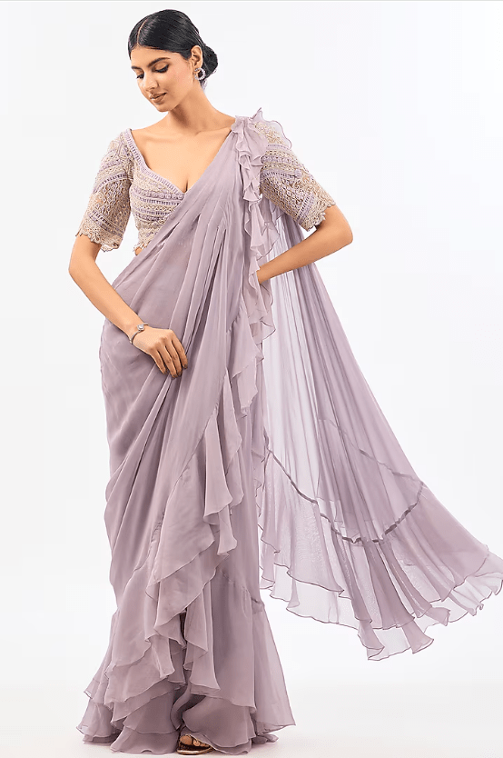 Lavender Georgette Draped Saree Set