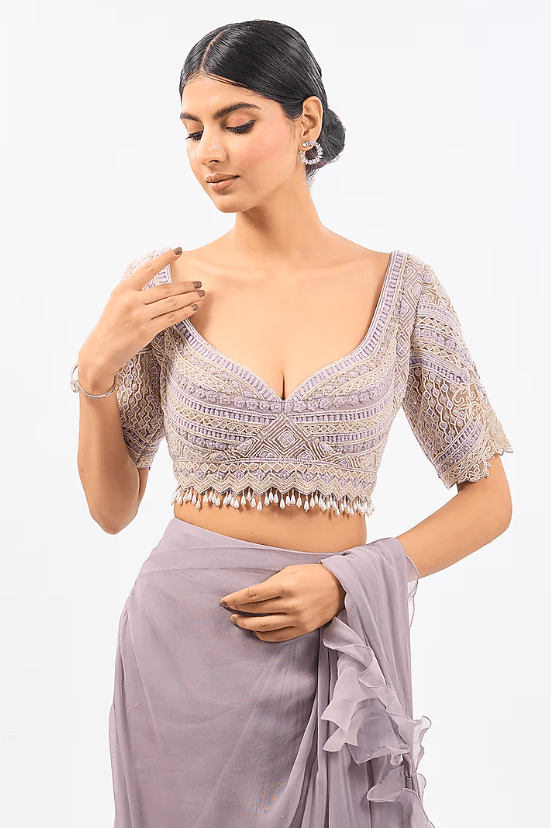 Lavender Georgette Draped Saree Set - Image 3