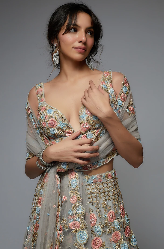 Pastel Blue Organza Embellished Lehenga Set - Image 4