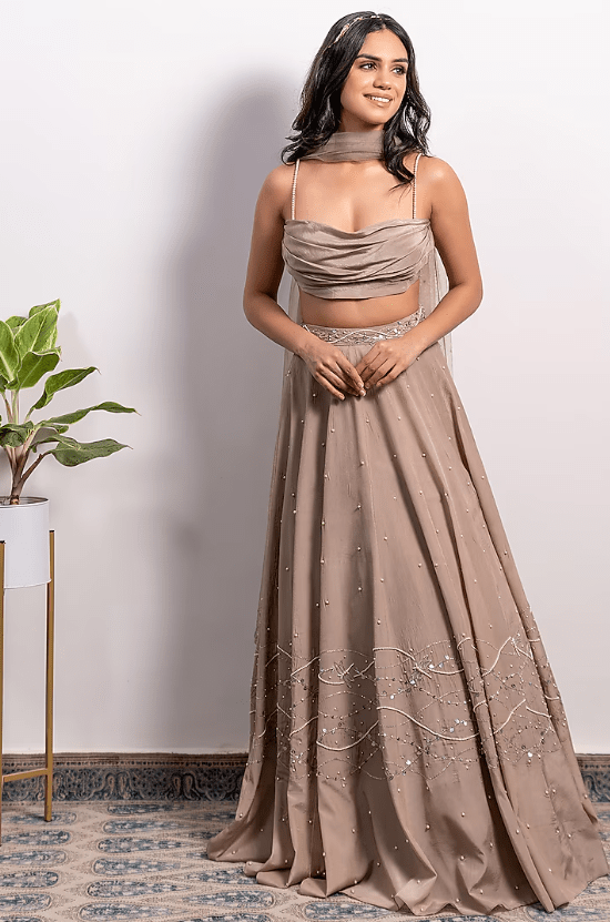 Mouse Brown Embroidered Lehenga Set