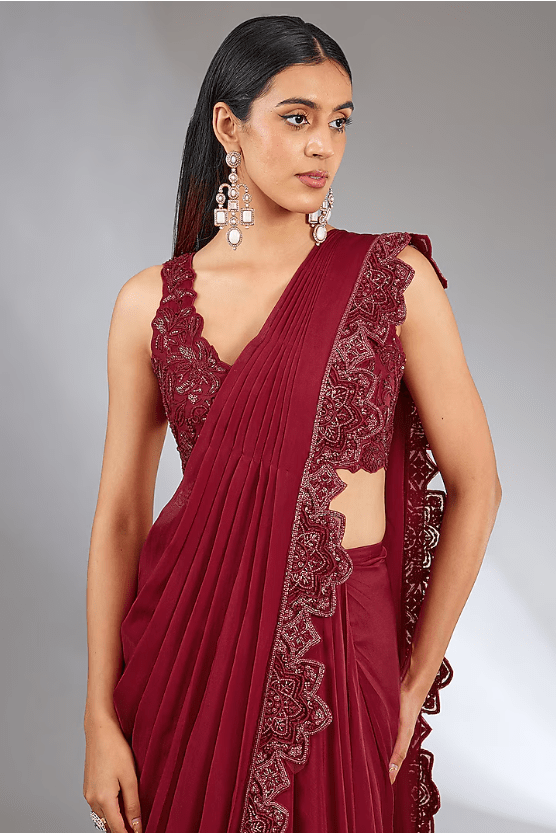 Red Chiffon Embellished Saree Set - Image 4