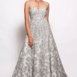 Grey Organza Embellished Trail Gown