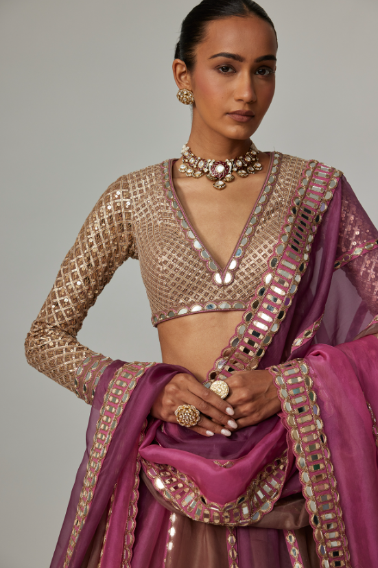 Multi-Colored Organza Gota Embroidered Lehenga Set - Image 3