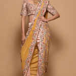 Mustard & Pink Tissue Embroidered Pre-Draped Pant Saree Set