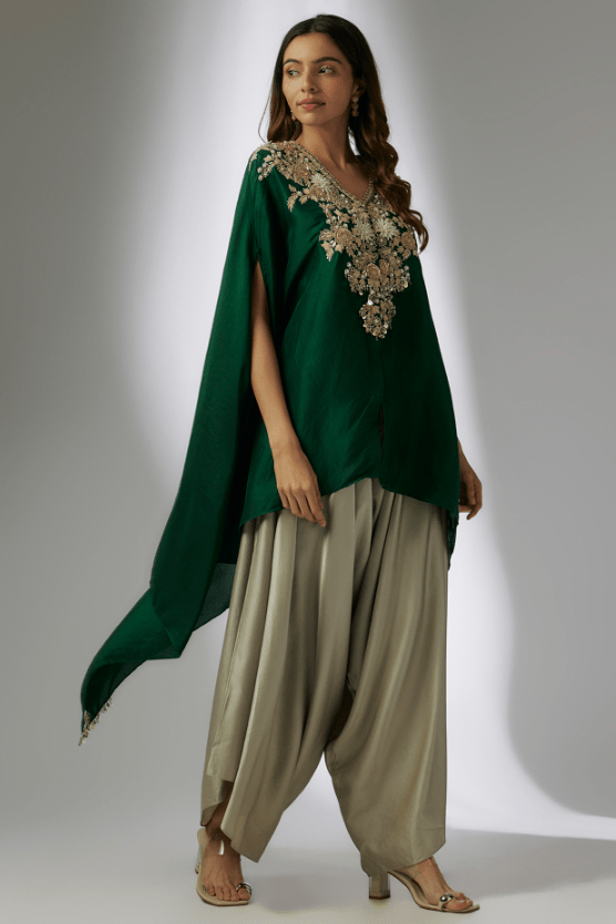 Bottle Green Silk Resham Work Kaftan Set