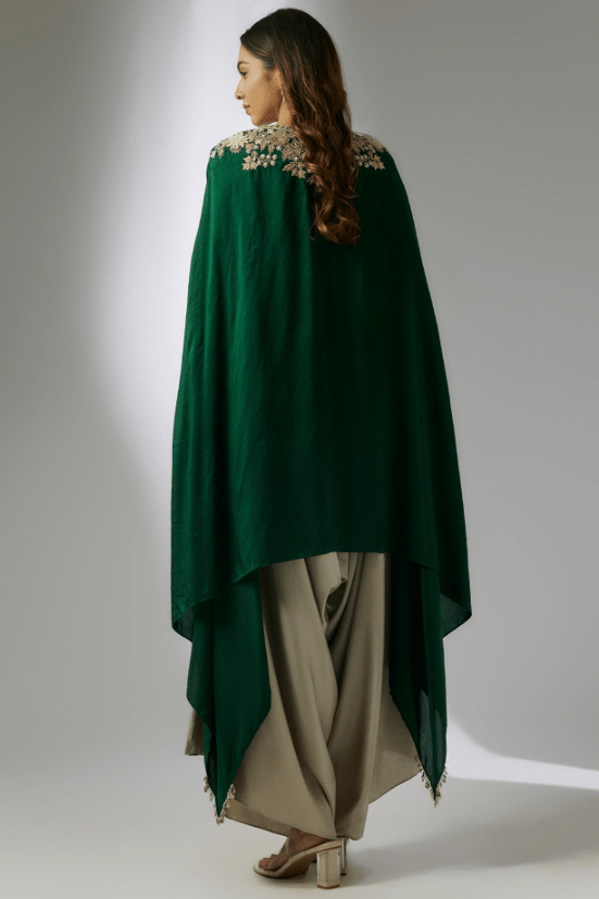 Bottle Green Silk Resham Work Kaftan Set - Image 2