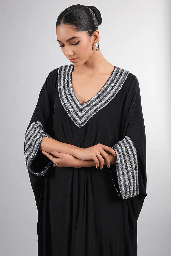 Black Crepe Hand Embroidered Kaftan - Image 3