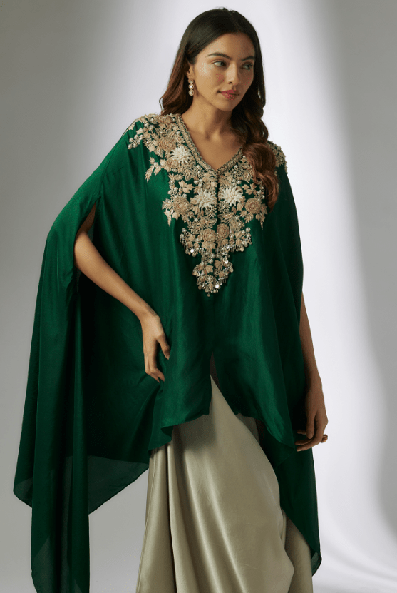 Bottle Green Silk Resham Work Kaftan Set - Image 4