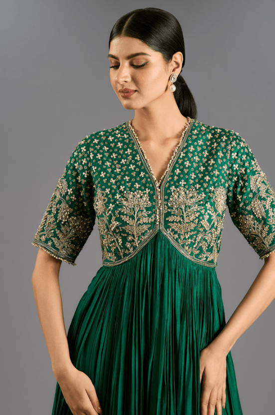 Green Fine Silk Hand Embroidered Anarkali Set - Image 3