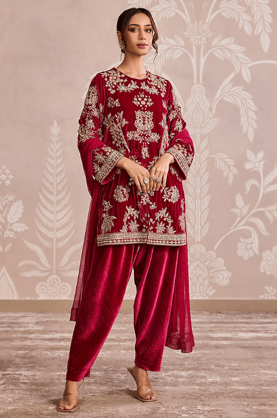 Fuchsia Velvet Placement Embroidered Kurta Set