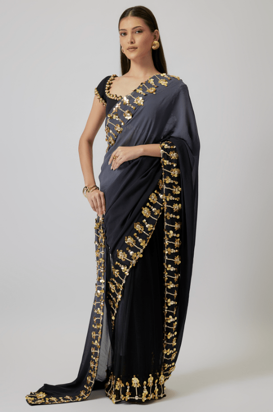 Grey & Black Ombre Georgette Pearl Embroidered Saree Set