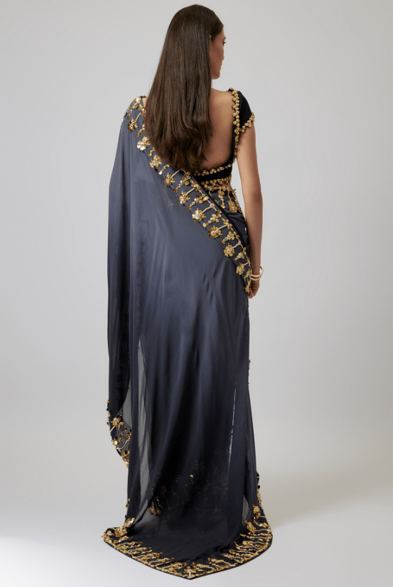 Grey & Black Ombre Georgette Pearl Embroidered Saree Set - Image 2